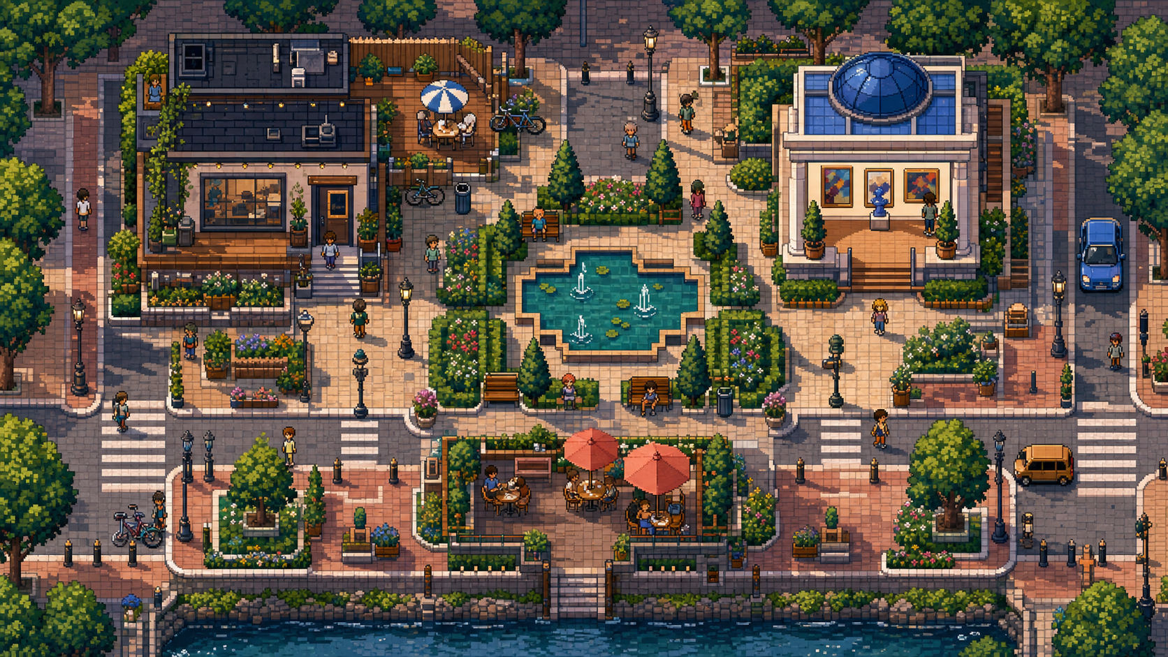 Pixel-art creative city with a studio, gallery, garden, and cafe